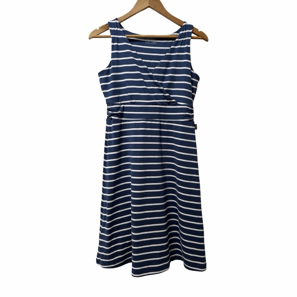 Eddie Bauer Aster Stripe Faux Wrap Travel Mini Dress Size S Blue White Stretch